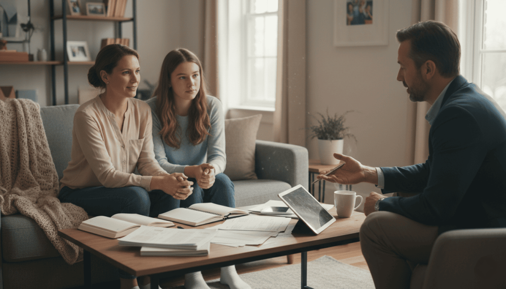 famille qui discute d'une assurance vie à la maison avec un conseiller