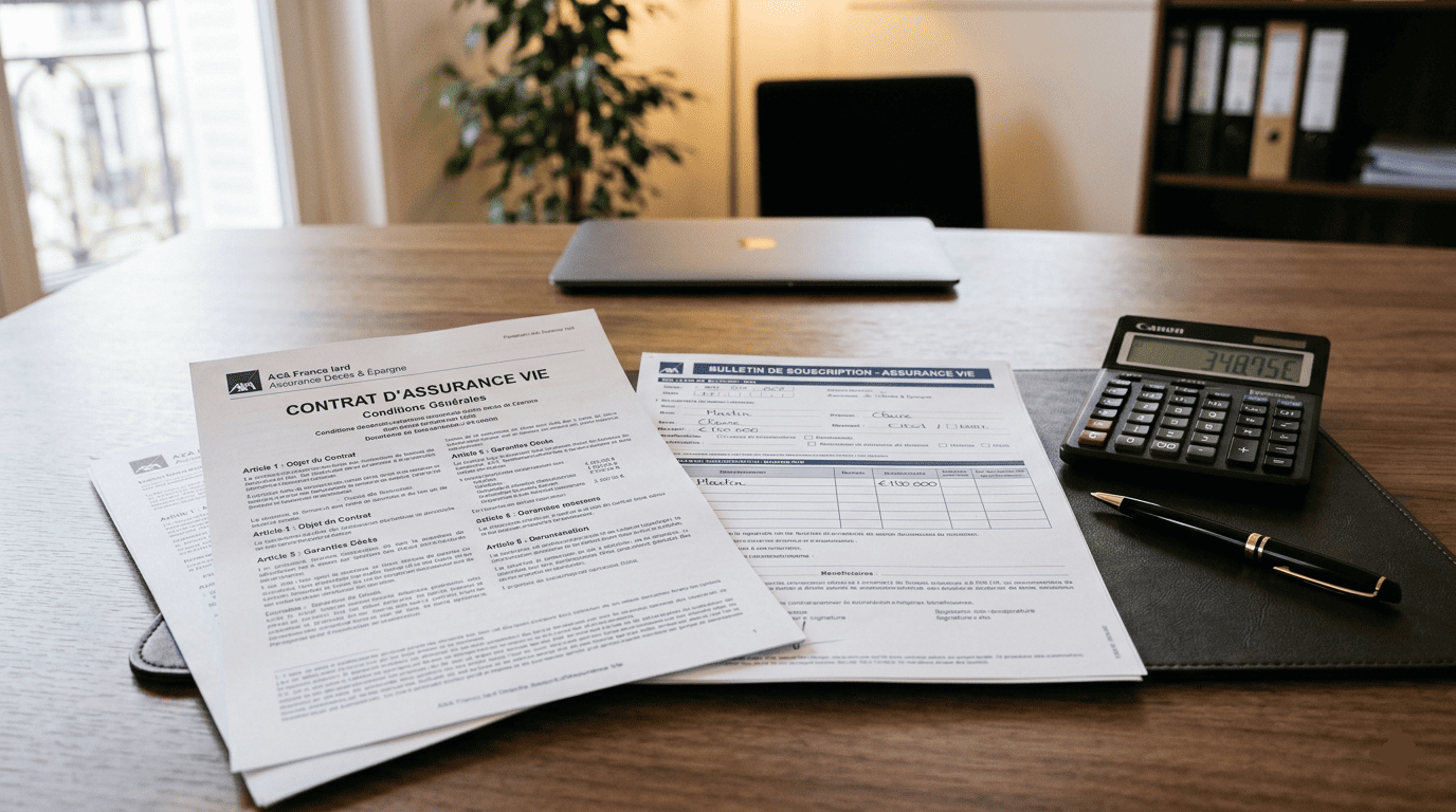 Documents d’assurance vie sur une table avec calculatrice et stylo,