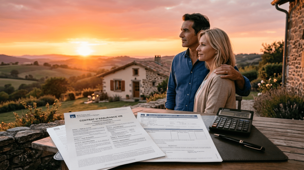 Couple regardant l’avenir (vue extérieure, coucher de soleil, maison), symbolisant la planification financière,