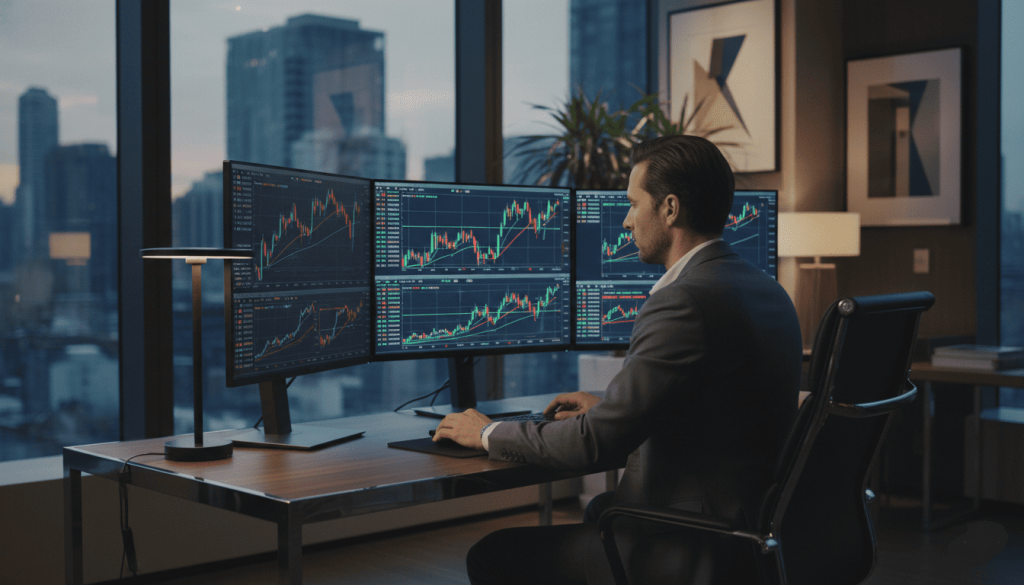 Personne dans un bureau moderne regardant plusieurs écrans avec graphiques financiers