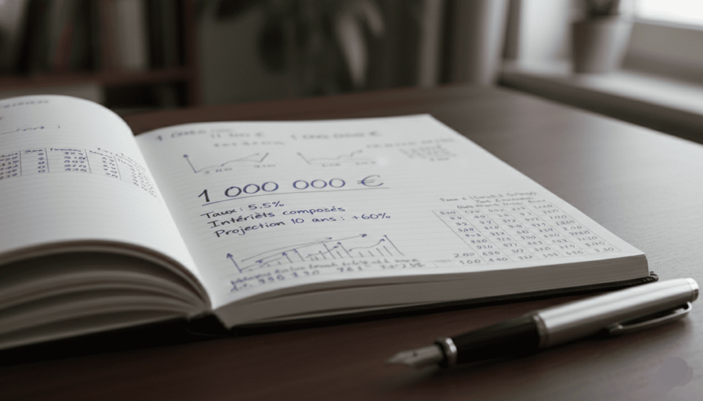 Carnet avec calculs financiers écrits à la main "1 000 000 €", taux et projections