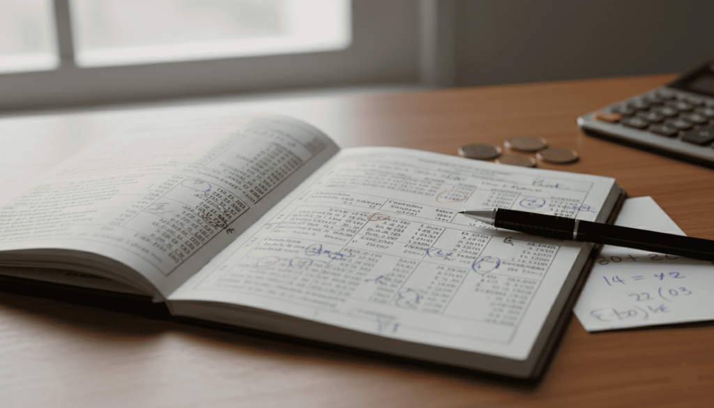 livret bancaire ouvert, chiffres visibles, calculs