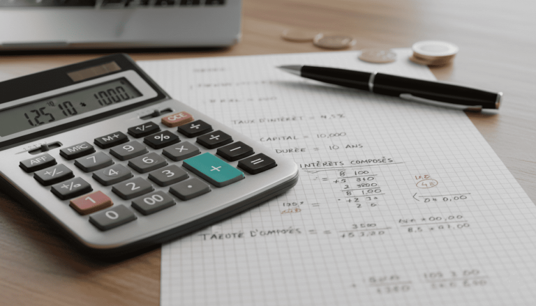 ’une calculatrice avec feuille de calcul, taux et intérêts notés
