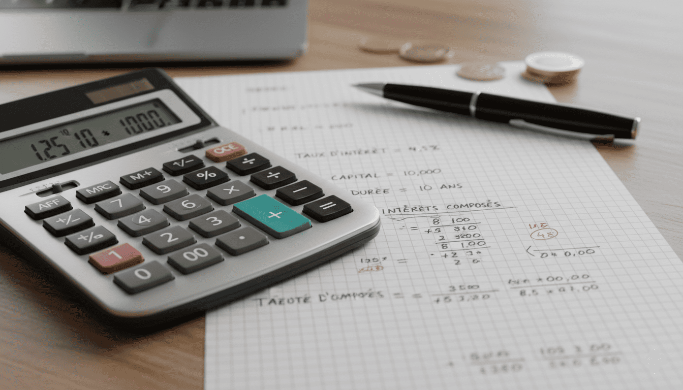 ’une calculatrice avec feuille de calcul, taux et intérêts notés