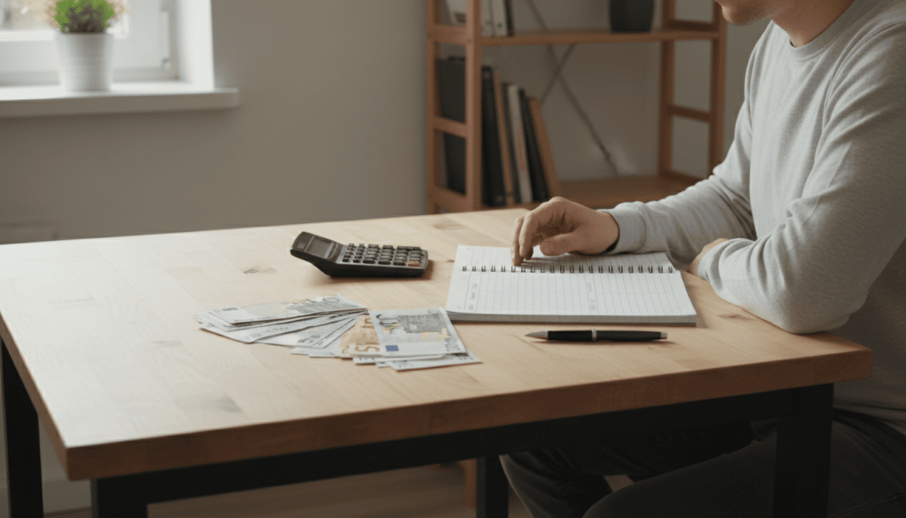 Personne assise à une table avec calculatrice, carnet de budget et billets en euros