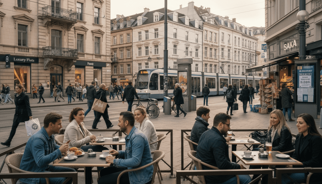 Paysage urbain européen avec différents styles de vie (cafés, transports, logements