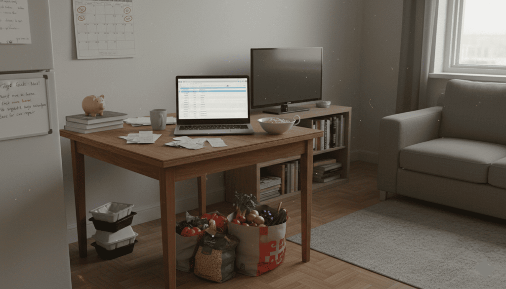Vue d’un appartement modeste avec dépenses quotidiennes visibles