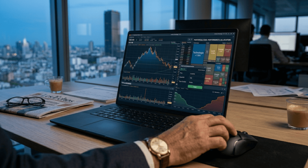 une interface de trading sur ordinateur portable, main utilisant une souris