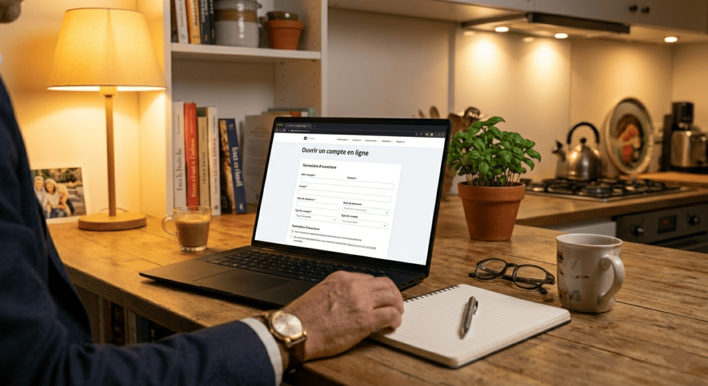 Personne ouvrant un compte en ligne sur ordinateur, carnet de notes à côté,