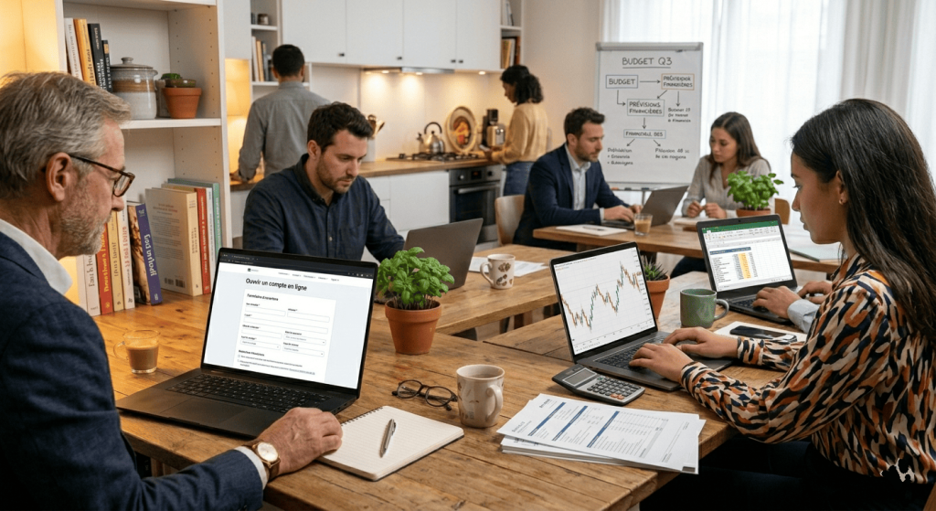 Scène dans un espace de coworking avec plusieurs personnes travaillant sur des finances et ordinateurs