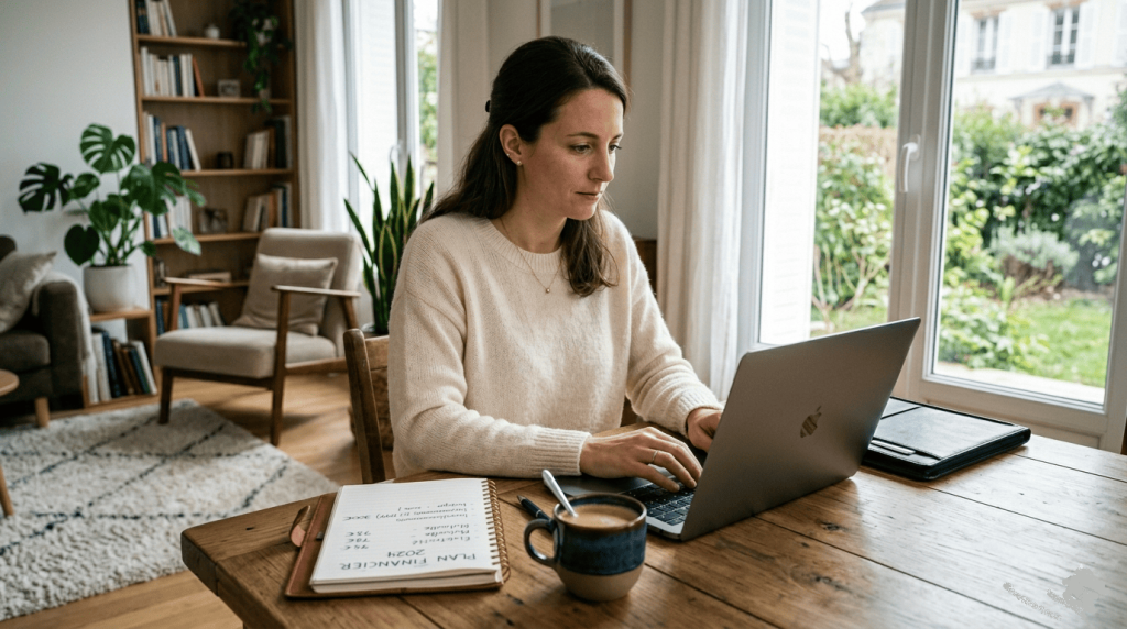 jeune femme qui tape sur son PC tasse de café et carnet de note