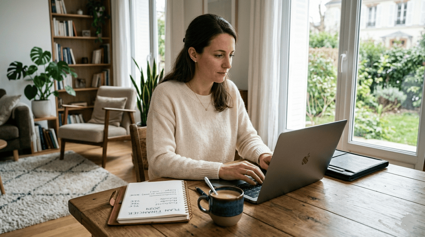jeune femme qui tape sur son PC tasse de café et carnet de note