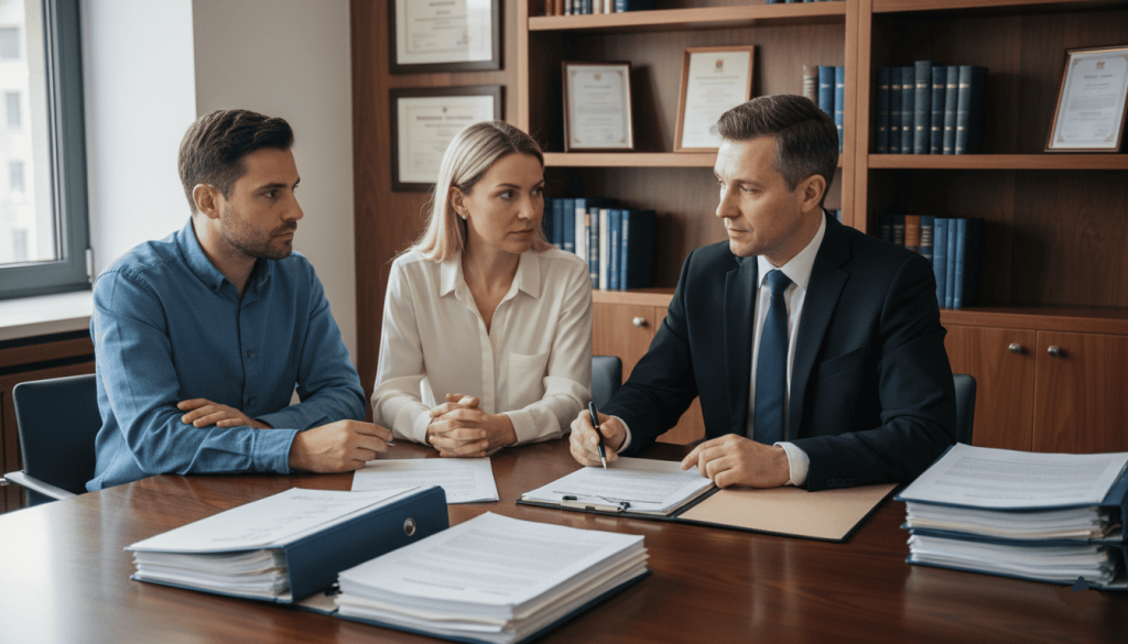 Discussion entre un notaire et un couple dans un bureau, documents immobiliers sur la table,