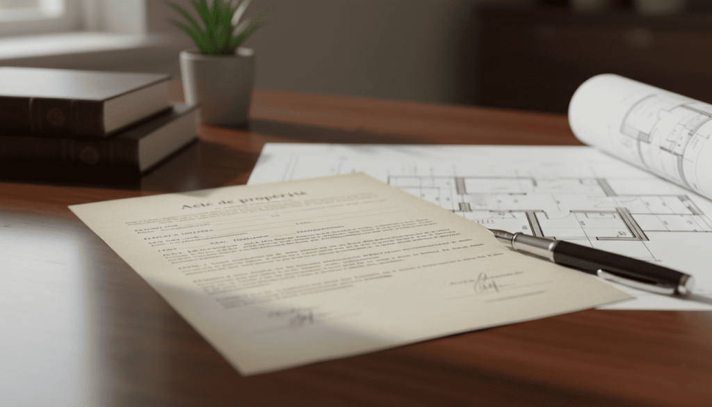 Gros plan sur des documents liés à la propriété immobilière (acte, plans) sur un bureau