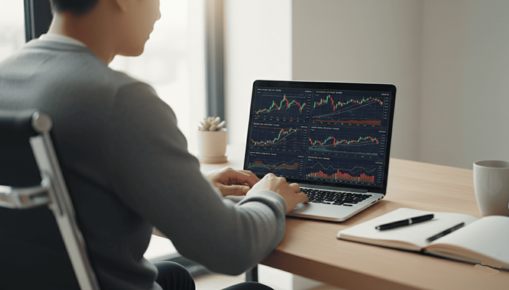 Personne analysant des graphiques financiers sur un ordinateur portable, carnet et stylo à côté, bureau moderne