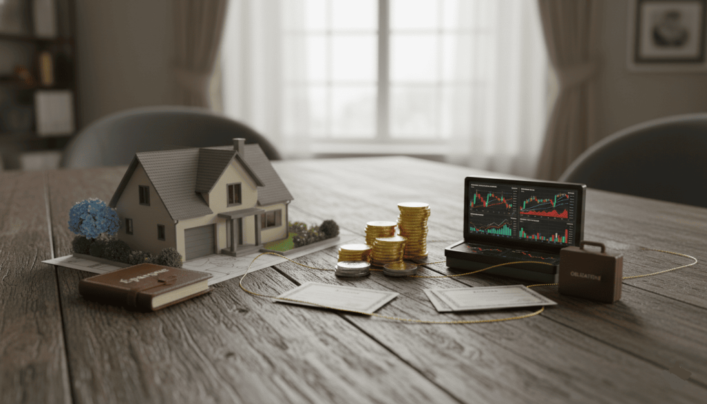 portefeuille diversifié symbolisé par objets (immobilier, actions, épargne) sur une table