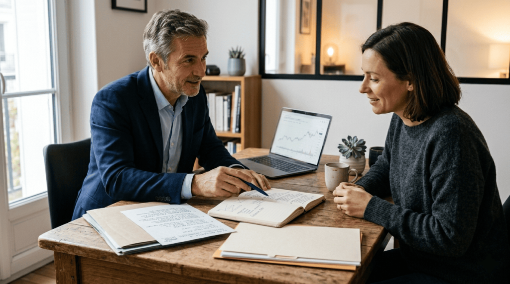 échange avec conseiller financier, documents ouverts