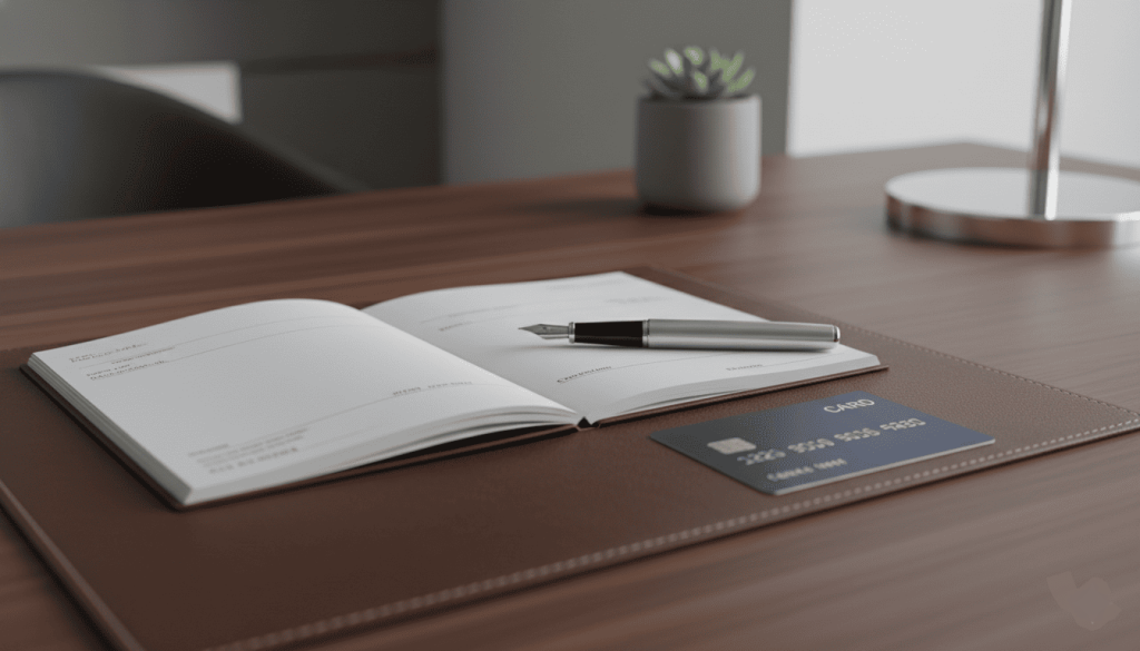 Carnet sur une table avec carte bancaire et stylo