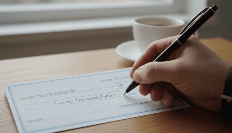 main remplissant un chèque avec un stylo, les champs classiques visibles
