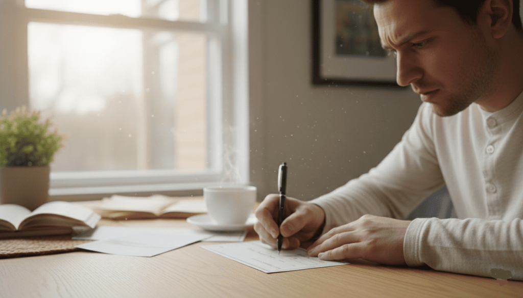 Personne concentrée remplissant un chèque à domicile