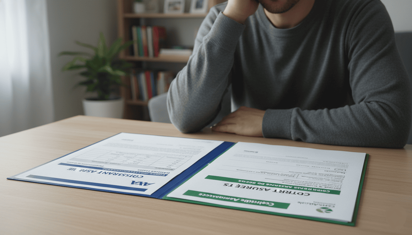 homme devant deux documents assurance vie et assurance décès