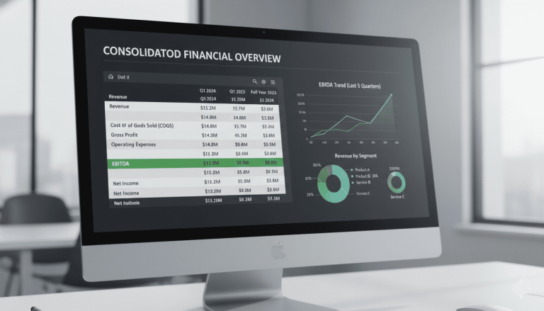 écran avec tableau financier, lignes EBITDA, colonnes chiffres