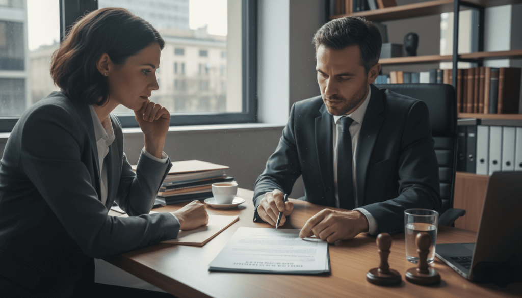 Conseiller fiscal dans un bureau moderne expliquant une notion à un client, documents imprimés sur la table