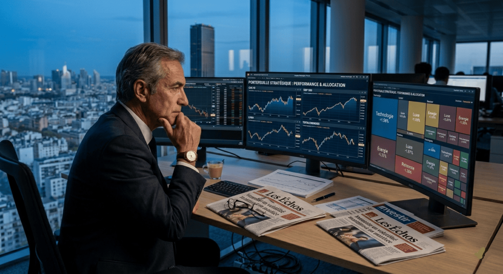 Investisseur réfléchissant devant écran avec données financières,