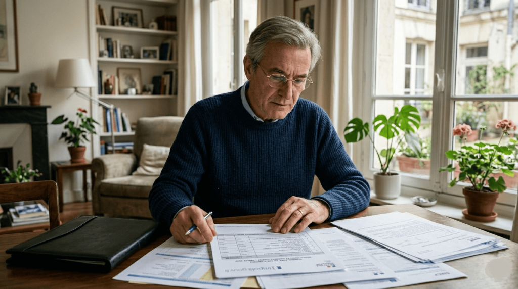 retraité qui calcule sa retraite, stylo dans la main