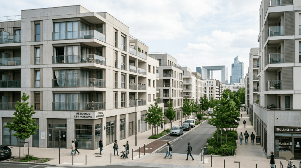 Quartier avec immobiliers et passants