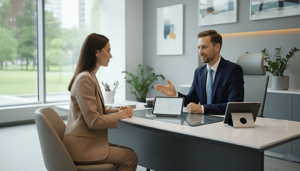 Conseiller bancaire en rendez-vous avec un client, ambiance calme et professionnelle