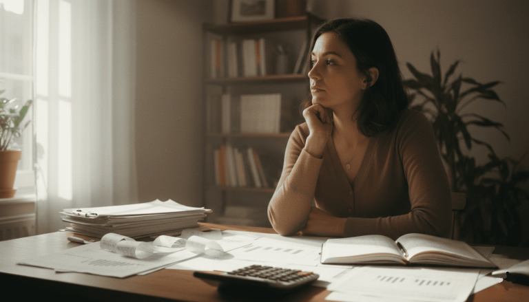 Personne seule chez elle réfléchissant avec papiers et calculatrice
