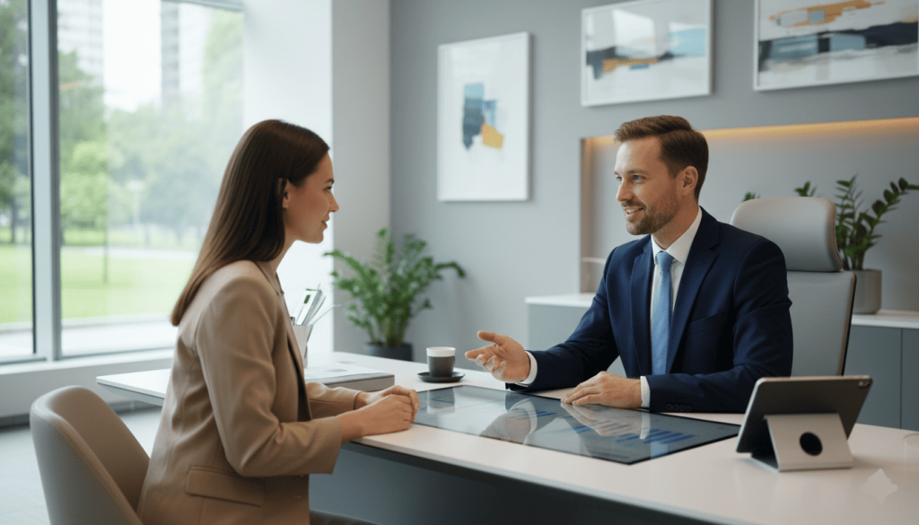 conseiller bancaire en discussion avec un client