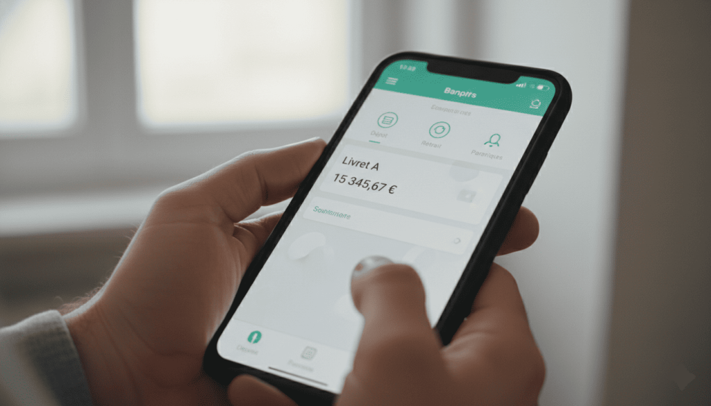 Personne tenant un smartphone affichant une application bancaire avec "Livret A