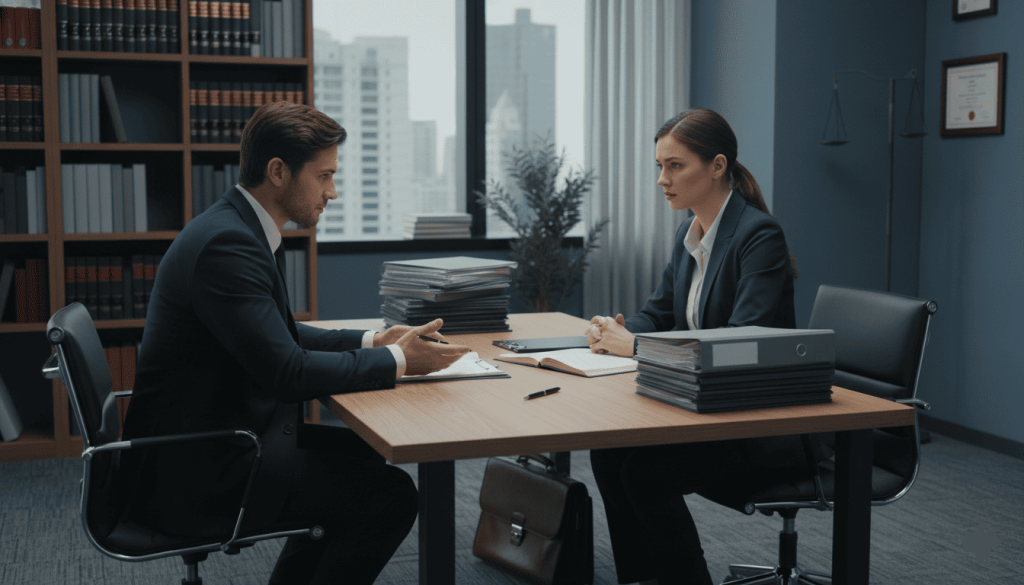 Avocat discutant avec un client dans un cabinet, dossiers juridiques sur la table