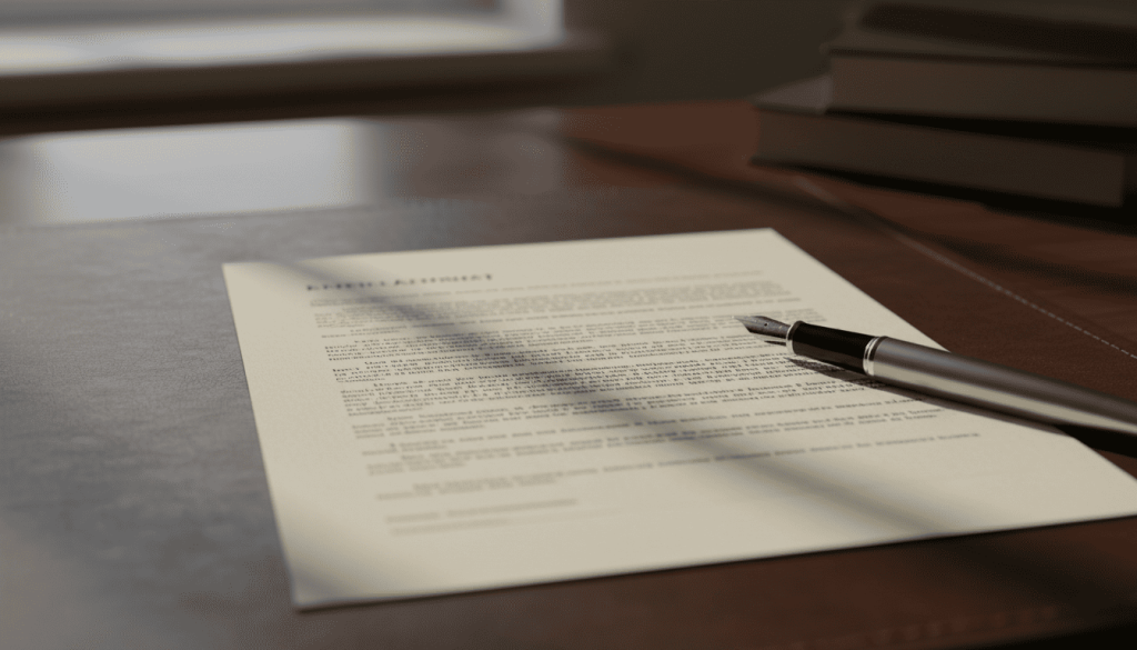 Document juridique posé sur un bureau avec stylo, sans texte lisible spécifique