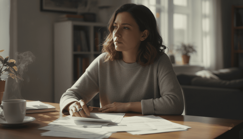 Personne réfléchissant seule à la maison avec des papiers administratifs