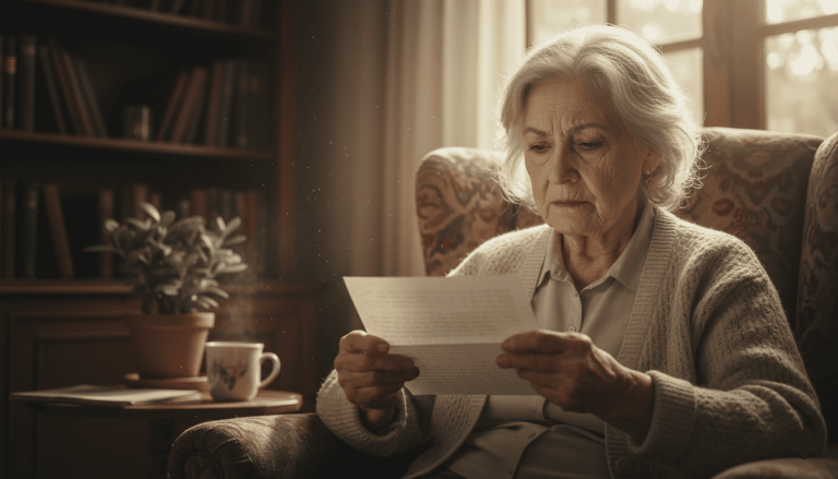 Personne âgée lisant un courrier chez elle, expression sérieuse