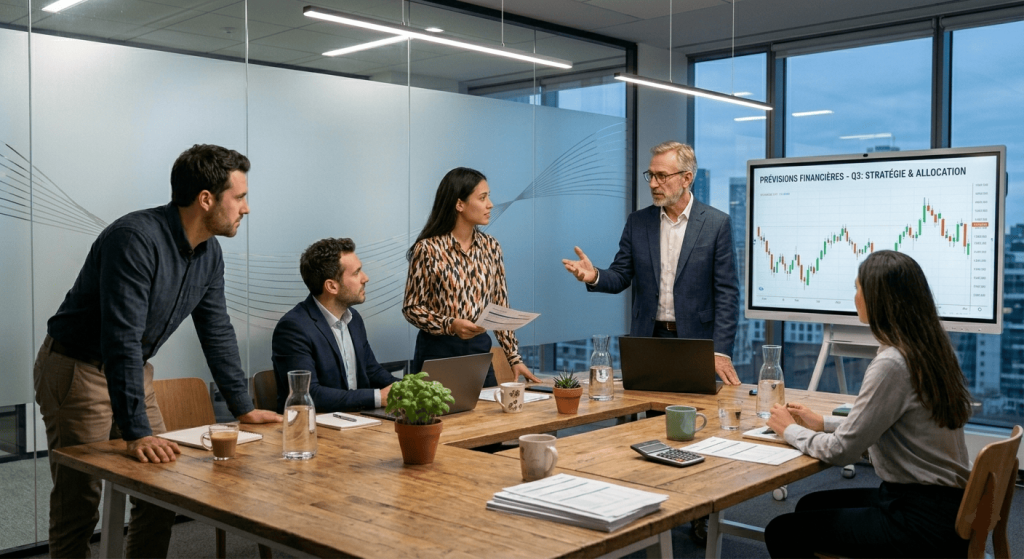 Réunion professionnelle dans une salle de conférence moderne, investisseurs discutant autour d’une table,