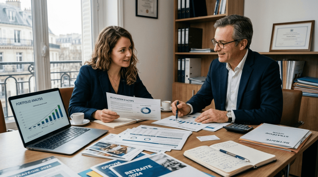 Rendez-vous avec conseiller financier, documents d’investissement étalés