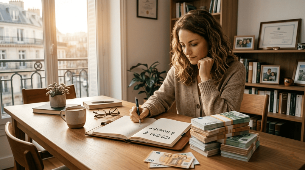 Personne assise à une table écrivant "100 000 € à investir" dans un carnet, avec une pile de billets en euros sur la table