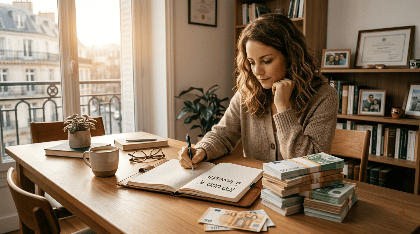 Personne assise à une table écrivant "100 000 € à investir" dans un carnet, avec une pile de billets en euros sur la table