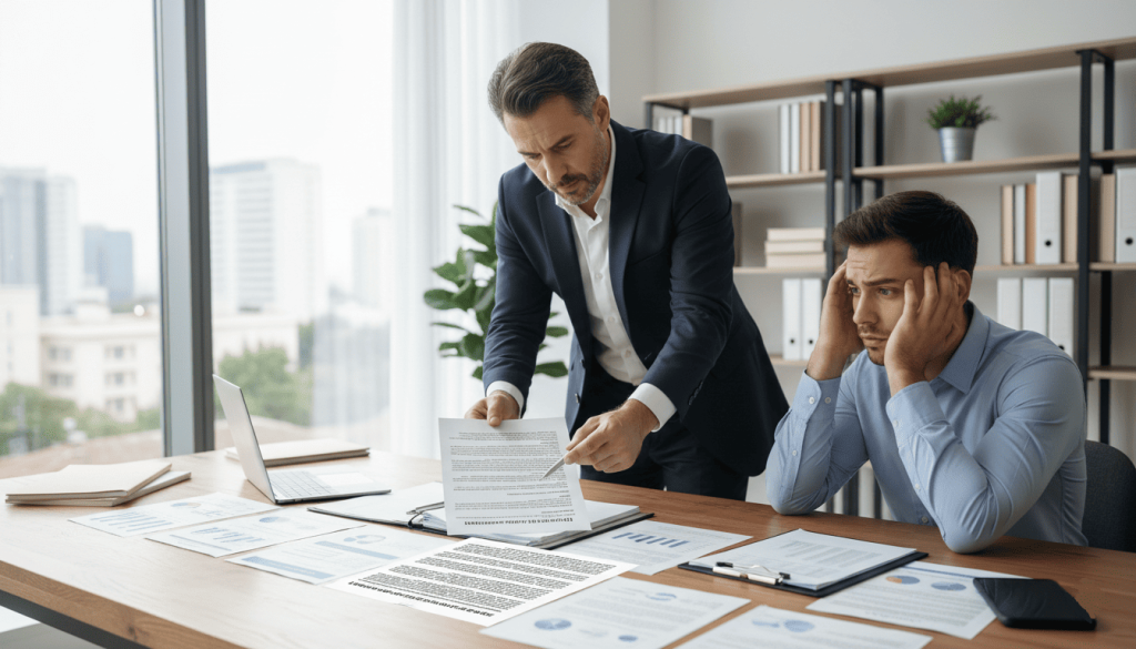 Un conseiller financier dans un bureau moderne expliquant un contrat complexe à un client confus
