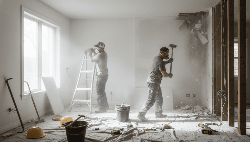 Ouvriers rénovant un intérieur, outils, poussière