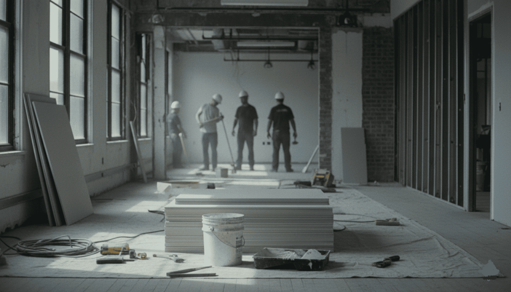 Commerce ou bureau en rénovation avec ouvriers en arrière-plan flou
