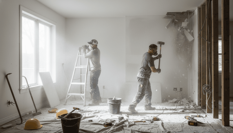 Ouvriers rénovant un intérieur, outils, poussière