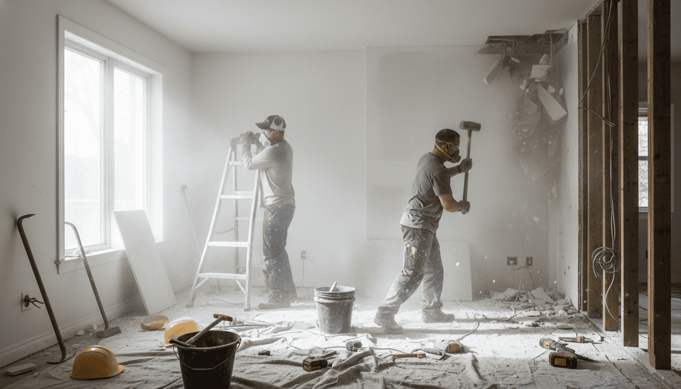 Ouvriers rénovant un intérieur, outils, poussière