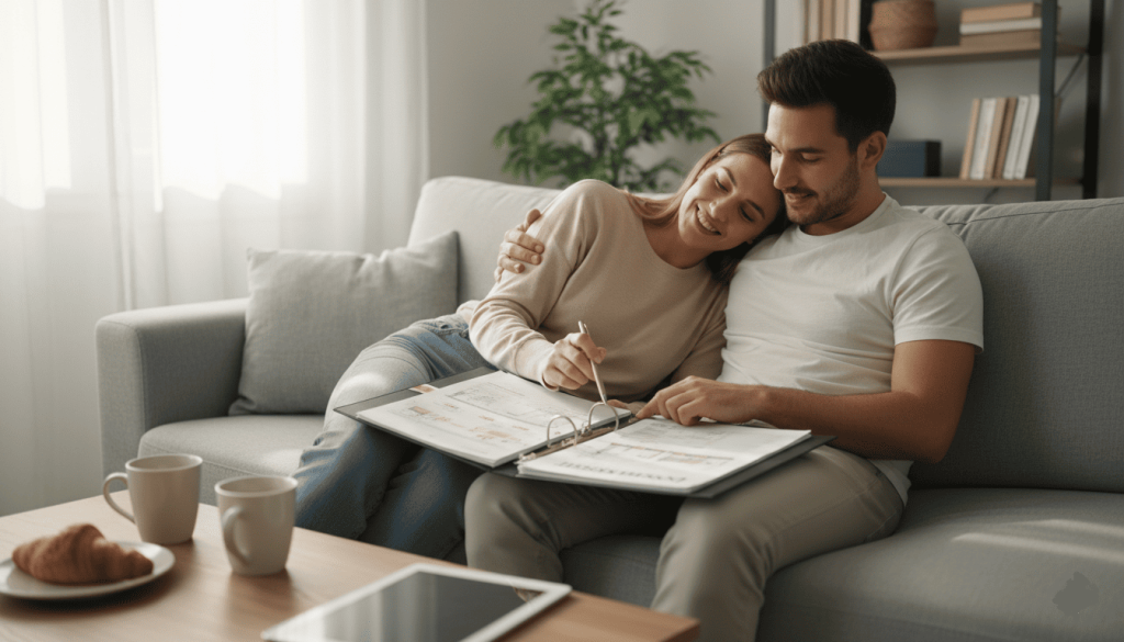 Couple consultant un dossier immobilier chez eux, discussion détendue