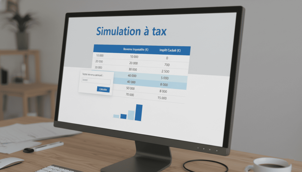 Simulation d’impôt sur écran avec tableau “revenu / impôt”, chiffres progressifs selon tranches