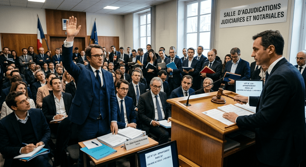 salle de vente aux enchères française, avocat levant la main pendant une adjudication immobilière